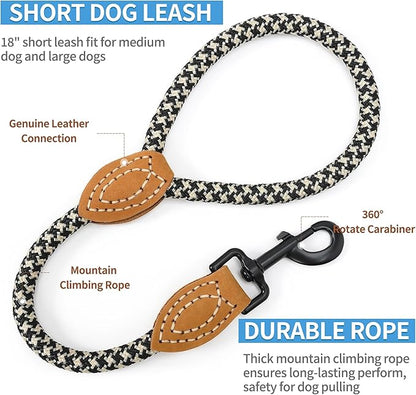 Mile High Life Short Leash for Large Dogs, Short Dog Rope Leash with Heavy Duty Metal Sturdy Clasp, Genuine Leather Tailored Connection(Black Khaki, 18 Inch)