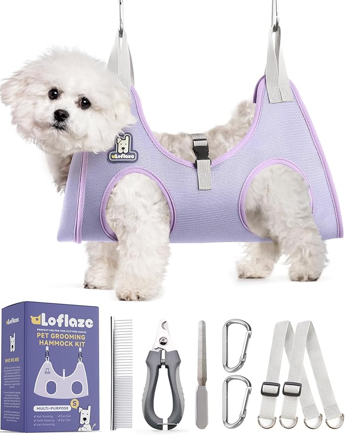 Loflaze Dog Grooming Hammock Harness for Dogs & Cats with Pet Nail Clipper Trimmer - Cat Hanger Sling for Trimming Clipping Nails- Dog Hammock Restraint Bag for Small Medium Large pet （ Purple S）