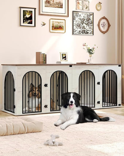 Hzuaneri 88.4" Dog Crate Furniture for 2 Dogs, Heavy Duty Indoor Dog Kennel TV Stand, XXL Wooden Dog Cage with Divider for Medium Large Dogs, End Table Dog Crate with Cushion, White Brown DFC84014BV1
