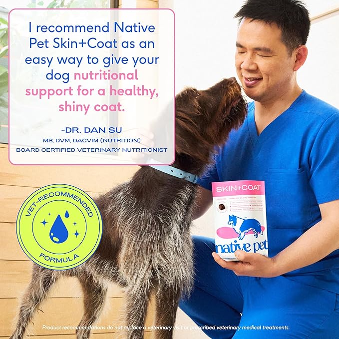 Native Pet Skin & Coat Chews - Omega 3 Fish Oil for Dogs Skin & Coat Supplement - Itch Relief, Shiny Fur & Shedding Support - Collagen, Hyaluronic Acid, Biotin, Probiotics & Salmon Oil - 120 Chews