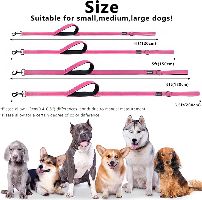Dog Leash 6.5ft Long, Double Handle Dog Leash for Safety Control Training, Heavy Duty Dog Leads with Traffic Padded Handles, Reflective Leashes for Small Medium Large Dogs(6.5ft, Hotpink)