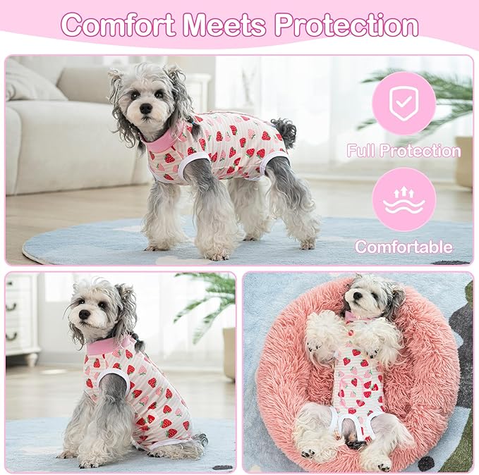 Coppthinktu Recovery Suit for Dogs After Surgery, Dog Onesie Surgery Recovery Suit for Female Spay, Soft Surgical Pajamas Bodysuits for Puppy to Prevent Licking Dog Cone Alternative Strawber M