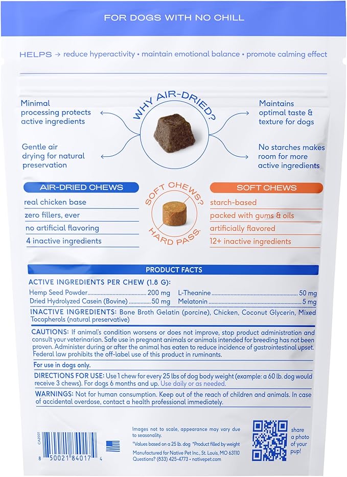 Native Pet Calming Chews for Dogs XL Breed - Promotes Calming Effect, Supports Emotional Balance & Reduces Hyperactivity - Hemp Seed, Melatonin for Dogs, L-Theanine & Casein - 30 Days Supply