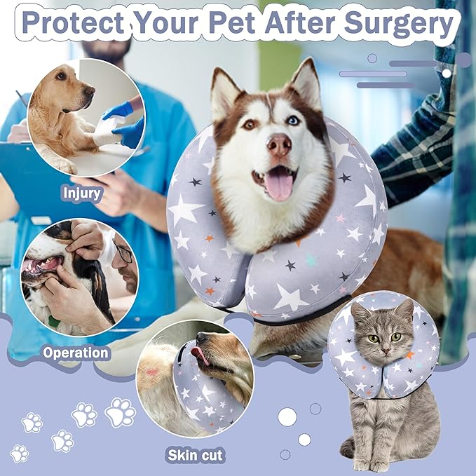 Recovery Donut Collar for Dogs & Cat,Inflatable Dog Cone Collar Alternative After Surgery,Soft Cone for Large Medium Small Dog,Adjustable Pet Neck Donut(Grey Star,Small
