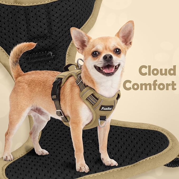 Funfox Dog Harness No Pull, Adjustable Pet Vest Harness, Super Soft Material with Vertical Handle Easy Control, Reflective Night Walking, 2 Leash Clips for Medium Sized Dogs, Brown, M