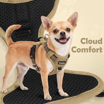 Funfox Dog Harness No Pull, Adjustable Pet Vest Harness, Super Soft Material with Vertical Handle Easy Control, Reflective Night Walking, 2 Leash Clips for Small Sized Dogs, Brown, S