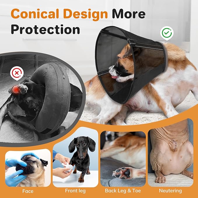 Breathable Mesh Dog Cone Collar for Surgery, Soft Elizabethan Recovery Alternative to Stop Licking,Pet Neck Collar for Large Medium Small Breeds(Black,3)