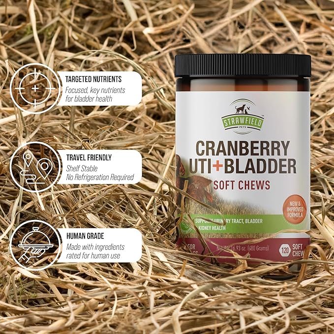 Strawfield Pets Cranberry Bladder & UTI Chews for Dogs D-Mannose + Vitamin C for Urinary Tract Support Peanut Butter Flavored Soft Chews 120 softchews