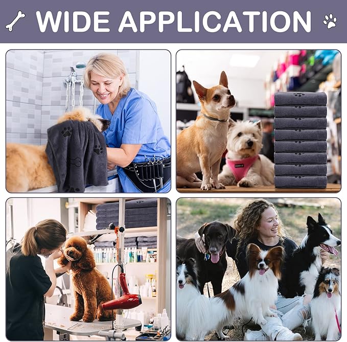 Chumia 8 Pcs Dog Towels for Drying Dogs Cats Pet Towels Bulk Puppy Microfiber Fast Drying Paw Bath Bathing Supplies Absorbent for Medium Pets(40 x 24 Inch,Dog Paw and Bone,Gray)