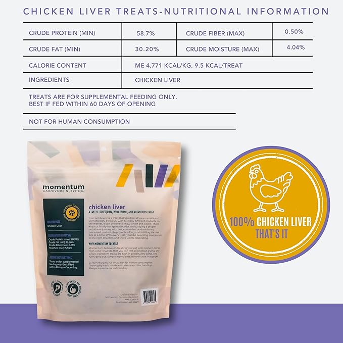 Momentum Carnivore Nutrition Freeze-Dried Chicken Liver Dog Treats & Cat Treats – Single-Ingredient, High-Protein, Grain-Free, Naturally Flavorful – Made in USA – 3.5 oz Bag
