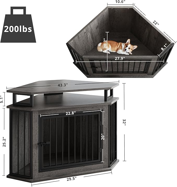 IRONCK 44" Corner Dog Crate with 2-Tier Shelves, Wooden Dog Kennel Furniture for TV Stand, Dog Kennel Indoor Furniture for Small and Medium Dogs, Rustic Brown (23.6" L x 43.3" W x 32.3" H)