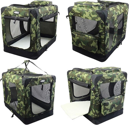 EliteField 3-Door Folding Soft Dog Crate with Carrying Bag and Fleece Bed (2 Year Warranty), Indoor & Outdoor Pet Home (20" L x 14" W x 14" H, Camo)