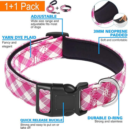 Ladoogo Reflective Dog Collar Padded with Soft Neoprene Breathable Adjustable Nylon Dog Collars for Small Medium Large Dogs (Large (Pack of 1), Pink Plaid Collar+Leash)