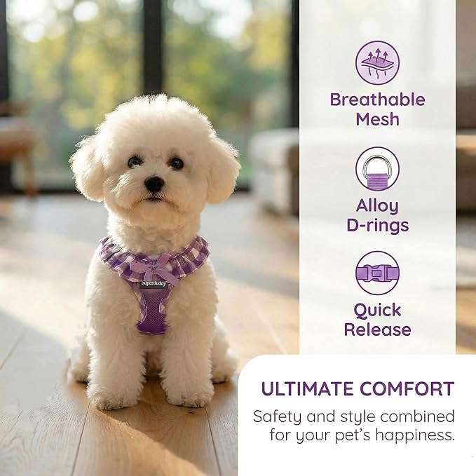 SuperBuddy Upgraded Soft Mesh Dog Harness, Super Breathable Lightweight Pet Harnesses for Puppy Dogs Outdoor Walking, Purple Dog Harness -Medium