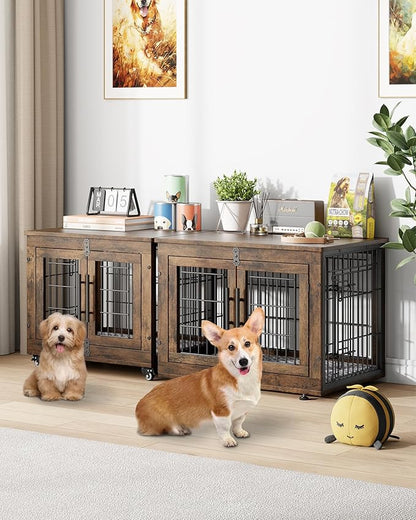 YaFiti Dog Crate Furniture with Cushion Set of 2, Wooden Dog Kennel Indoor with Double Doors, Dog Cage with Wheels, Dog House Side End Table for Small Dogs up to 30 lb, 27.2" L, Rustic Brown