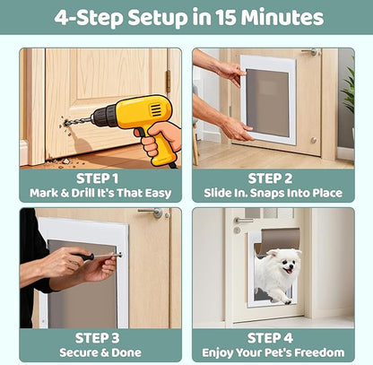 Medium Metal Dog Door 11 ¼ ”x 15 ¾” Medium Dog Door for Wall and Door Pet Door with 2 Lock & Durable Aluminum Frame, Doggy Door for Dogs and Pets, White