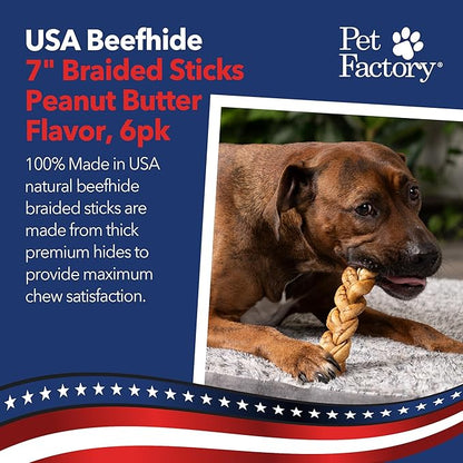 Pet Factory 7in Braided Beefhide Dog Chew Sticks with Peanut Butter Flavor - 100% USA Made Rawhide Chews for Medium Dogs,Long Lasting Dental Health,7 inches,6 Count (Pack of 2)