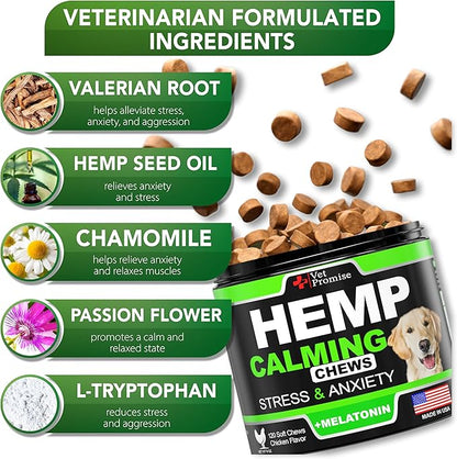 Hemp Calming Chews for Dogs with Anxiety and Stress - Dog Calming Treats - Anxiety Relief - Separation - Travel - Barking - Melatonin - Hemp Oil - 120 Soft Treats - Made in USA