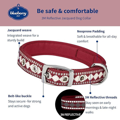 Blueberry Pet Reflective Jacquard Dog Collar with Neoprene Padding & Metal Buckle | Soft & Adjustable Safety Collar - Marsala Red, Neck 13-16.5", for Medium Breed