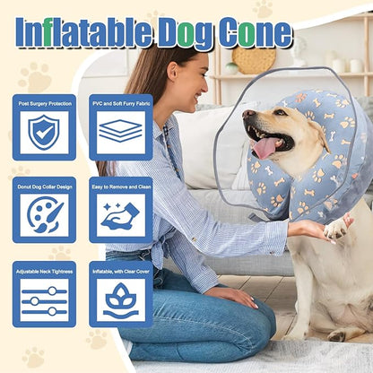 Inflatable Dog Cone Collar After Surgery, Large Dog Neck Donut Collar with Preventive Adjustable Anti-Licking Washable Pet Puppy Cone Collar for Small Medium Large Dogs & Cats (Gray, M)
