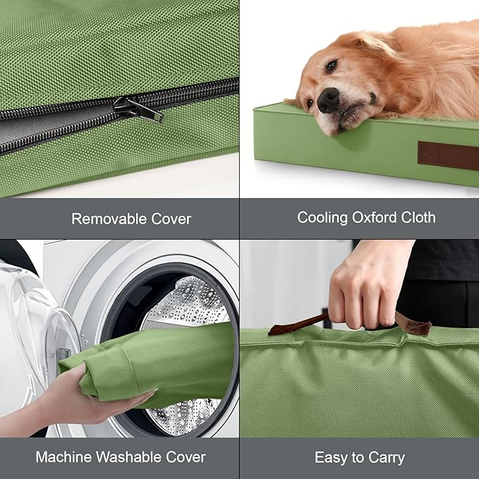Outdoor Large Washable Dog Bed, Orthopedic Egg Crate Foam Dog Crate Mat for Large Dogs with Removable Oxford Cooling Cover, Light Green