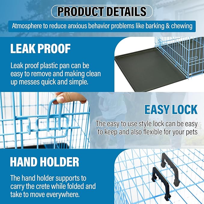 Large Dog Crate Kennel Metal Dog Cage for Medium Large Dogs Double-Door Folding Travel Indoor Outdoor Puppy Playpen with Divider and Handle Plastic Tray,42",Blue