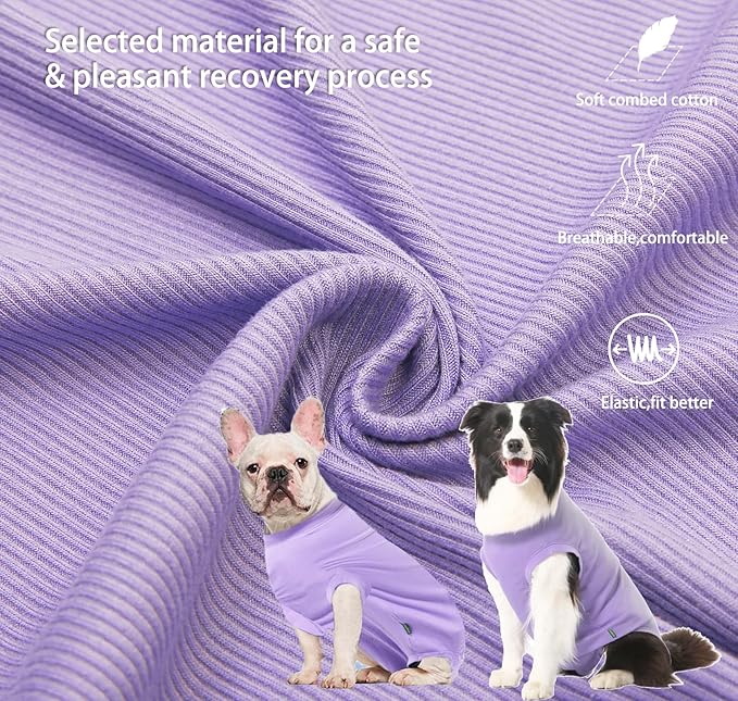 Dog Recovery Suit Female Spay Surgery Small Puppy Onesie, Zipper Closure Cotton Striped Wounds Protect Surgical Suit, Plain Purple XS