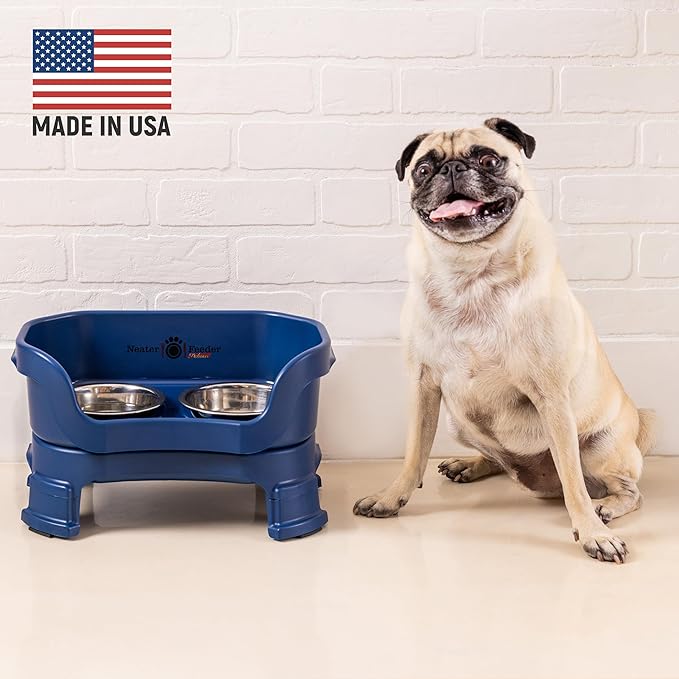 Neater Feeder Deluxe Mess-Proof Elevated Dog Bowls for Small Dogs (Up to 19 lbs), 2 Height Adjustable (6” & 7.5”) No-Spill Raised Dog Bowl Stand, Stainless Steel Food Bowl Set, Made in USA, Dark Blue