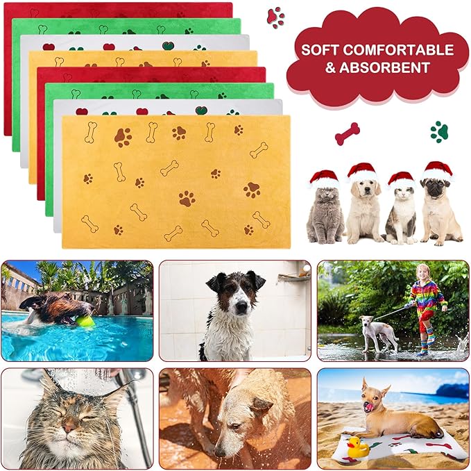 Chumia 8 Pcs Dog Towels for Drying Dogs Cats Pet Towels Bulk Puppy Microfiber Fast Drying Paw Bath Bathing Supplies Absorbent for Medium Pets(40 x 24 Inch,Dog Paw and Bone,Christmas Color)