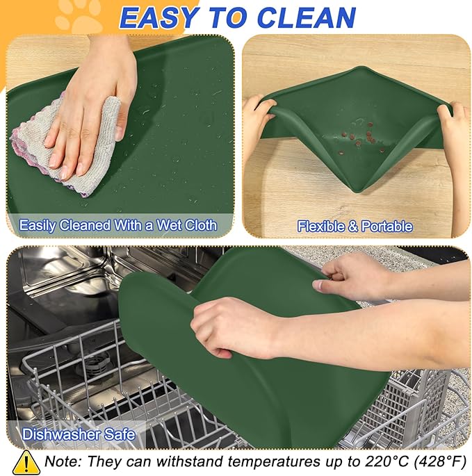 SMILOOL Silicone Pet Feeding Mat with Raised Edge for Food and Water, Dog Bowl Mats, Cat Bowls Placemat with High Lip for Floor Waterproof, Rubber Tray for Cats and Dogs 24 x 16 x0.8 Dark Olive