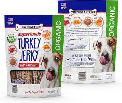 Chewmasters Organic Turkey Jerky with Chicken Dog Treat for All Life Stages - Fresh and Healthy Turkey Dog Treats - High Protein, Real Meat Snack, Grain Free, by-Product Free - USA Made, 2lb