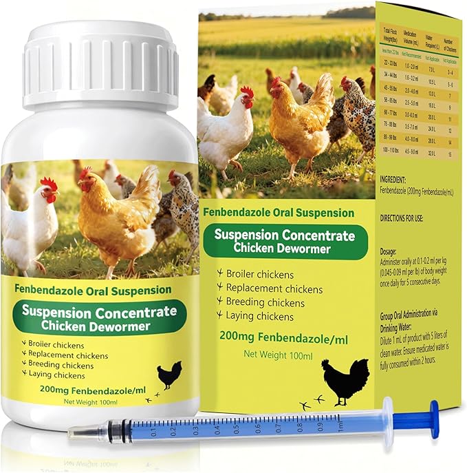 Chicken Dewormer for Chickens & Laying Hens, Fenbendazole Liquid Chicken Wormer, Easy Mix in Water, for Tapeworms Roundworms Hookworms, 100 mL