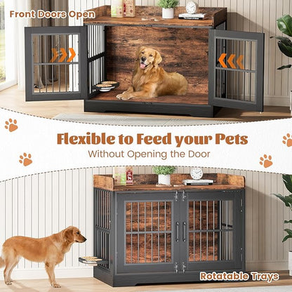 VOPEAK 40" Rustic Dog Crate Furniture, Heavy Duty Dog Cage with Removable Trays for Small Medium Dogs, Dog Crate Dog Kennel Indoor, Chew Resistant Crate for Bedroom Living Room, Rustic Brown