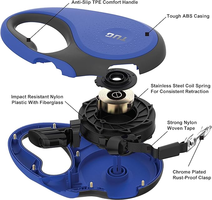TUG 360° Tangle-Free Retractable Dog Leash with Anti-Slip Handle | 16 ft Strong Nylon Tape | One-Handed Brake, Pause, Lock (Small, Blue)
