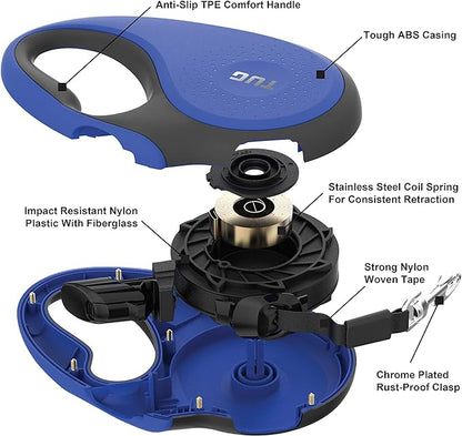 TUG 360° Tangle-Free Retractable Dog Leash with Anti-Slip Handle | 16 ft Strong Nylon Tape | One-Handed Brake, Pause, Lock (Small, Blue)