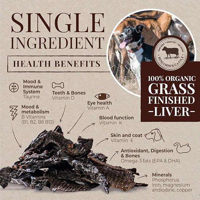 Benjamin's Cattle Single Ingredient - Organic Grass FED & Finished Beef Liver Dog Treats - Hand Made Dog Treats - Healty Dog Chews - Treats for Dogs Made in USA -5oz