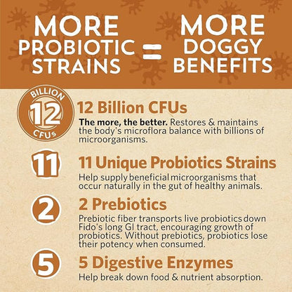 Fidobiotics Good Guts for Big Mutts Probiotic for Dogs, 12 Billion CFUs, 11 Strains, 5 Digestive Enzymes, 2 Prebiotics, Digestive Gut Health for Dogs, Adult & Puppy Probiotics Supplements, Pack of 2