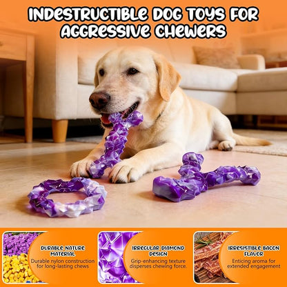 3 Pack Dog Chew Toys for Aggressive Chewers,Indestructible Dog Toy for Medium Large Dogs, Durable Chew Toys to Keep Dogs Busy,Super Chewer with Tough Nylon, Reduce Boredom & Anxiety（Bacon Flavored）