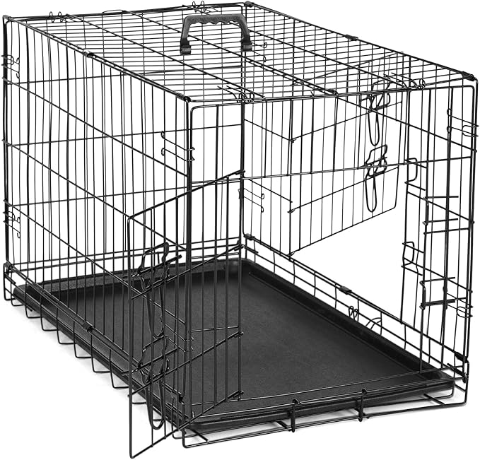 DUMOS Dog Crate, 36 Inch Medium Double Door Dog Cage with Plastic Leak-Proof Pan Tray, Folding Metal Wire Pet Kennel for Indoor, Outdoor, Travel, Black