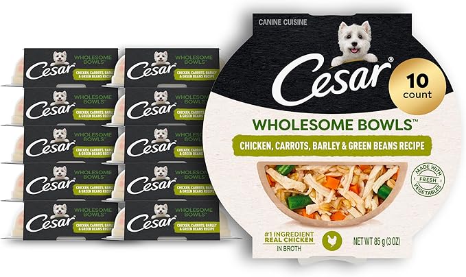 Cesar Wholesome Bowls Adult Wet Dog Food, Chicken, Carrots, Barley & Green Beans Recipe, Wet Food for Dogs, 3 Oz. Bowls, 10 Count