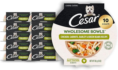 Cesar Wholesome Bowls Adult Wet Dog Food, Chicken, Carrots, Barley & Green Beans Recipe, Wet Food for Dogs, 3 Oz. Bowls, 10 Count