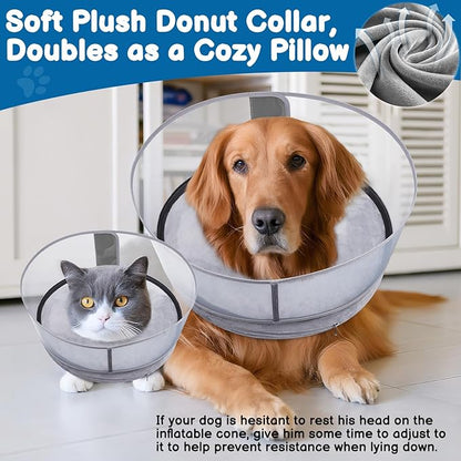 BARKLESS Dog Donut Collar, 2-in-1 Inflatable Dog Collars for After Surgery to Stop Licking Wounds, Patented Protective Donut Cone with High Shield for Small and Medium Pets (Grey, M+)