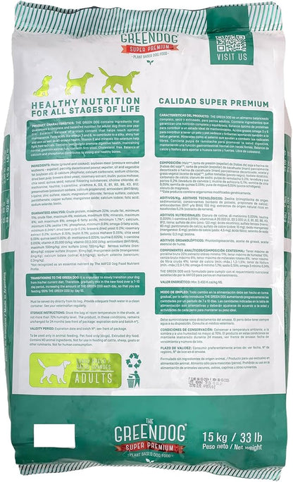 The Green Dog: Super Premium: Adult Regular Bite - 33 Lb Bag Dog Food - Plant Based Protein, Vegan Dry Pet Kibble, Gluten Free, Complete Nutrition