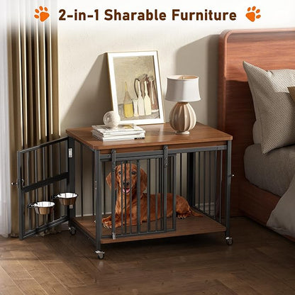 Cofiyard Dog Crate Furniture, 32’’ Wooden Dog Kennel Indoor with Sliding Front Door, Multi-Side Openings & Feeding Window Pet Cage House as TV Stand, End Table for Medium Dogs