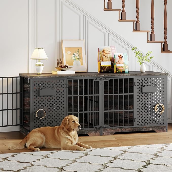 HOOBRO 71" Dog Crate Furniture for 2 Large Dogs, Heavy Duty Indoor Kennel with Removable Divider & Name Tags, TV Stand Cage Furniture for Medium & Large Dogs, Charcoal Gray & Black BC84GW03