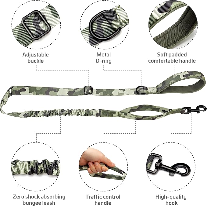Forestpaw Tactical Dog Leash for Large Dogs,Heavy Duty Bungee Dog Leash with Shock Absorption,2 Padded Handles for Training Running Walking,Adjustable 4-5FT,Camo Green