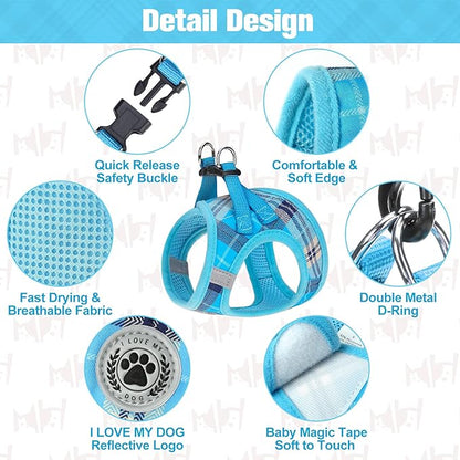 BEAUTYZOO Small Dog Harness and Leash Set,Step in No Choke No Pull Soft Mesh Dog Harnesses Reflective for Extra-Small Medium Puppy Dogs and Cats, Plaid Dog Vest Harness for XS S Pets, Blue XS