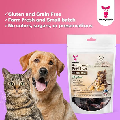 SavvyBeast Dehydrated Beef Liver Dog Treats – Gently Air Dried Raw Organ Meat – Healthy, All-Natural, Single Ingredient, Grain-Free Dry Jerky – Training Treats for Dogs & Cats – Made in USA – 5 oz