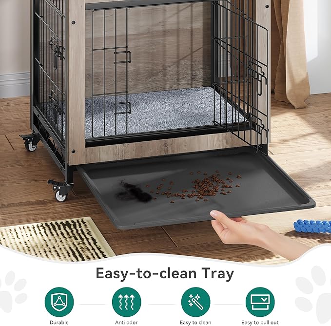 YITAHOME Dog Crate Furniture with Cushion, Dog Kennel Indoor with Wheels, Dogs Crate End Table with Tray, 27" Cage with Double Doors for Small Dogs (Gray)