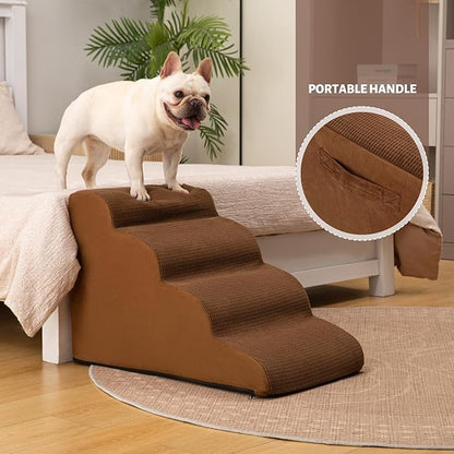Aodisman 4-Step Dog Stairs and Ramp for Beds or Couches – Non-Slip Sturdy Pet Steps for Small Dogs and Cats,17.4" H,Brown